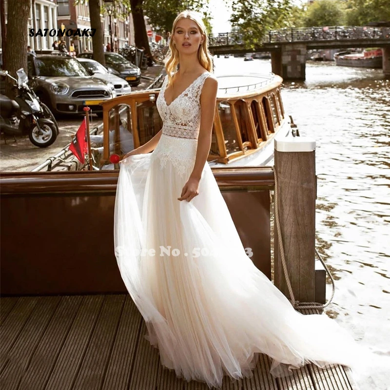 Vestido De Novia Boho Wedding Dress 2021 V-Neck Lace Appliques Floor Length Backless Tulle Brides White Sleeveless Robe Mariee vintage wedding dresses