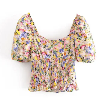 

Chic Pearl Floral Print Blouse Puff Short Sleeve Fashion Shirt Women Backless Elastic Waist Stylish Ladies Tops Summer Blouse