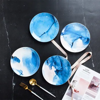 

8 Inch Nordic Round Ceramic Plate Irregular Strip Porcelain Dinner Plate Dessert Steak Dishes Tray Houselhold Party Dinnerware