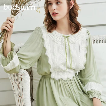 

women night dress Lace Women's Nightgowns Light Green Long Sleeve Royal Elegant Female cotton Vintage Sleepwear Sweet Night gown