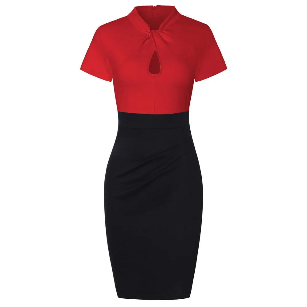 

Joineles Floral Patchwork Women Bodycon Dress Stand Collar Short Sleeves Office Retro Dress High Waist Vestidos Femme Tunic Robe