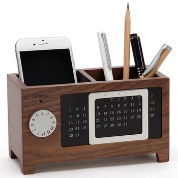 

ABUI-With Calendar Ornaments Desk Organizer Gift Table Practical Container Pen Pencil Holder Two Grids Wooden Storage Box