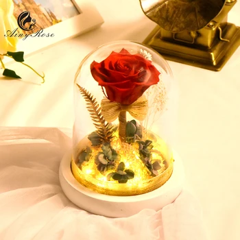 

Red Eternal Rose In Glass Dome LED Light Preserved Flowers Plants with Lights Table Lamp New Year Gifts for Wedding Party