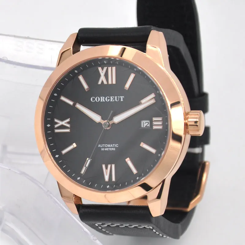 Corgeut41мм корпус rosegold черный циферблат Luminou Чайка Мужские автоматические