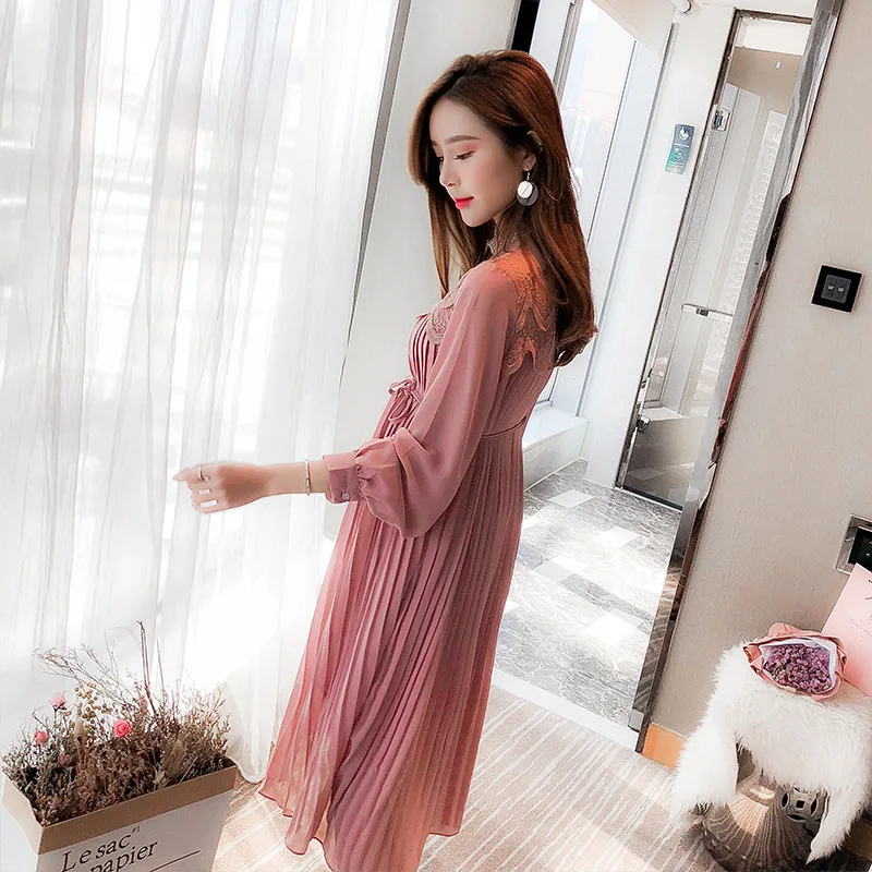 Envsoll Spring Autumn Maternity Dress Mom Long-sleeved Lace Pleated Chiffon Dress Maternity Clothes For Pregnant Women