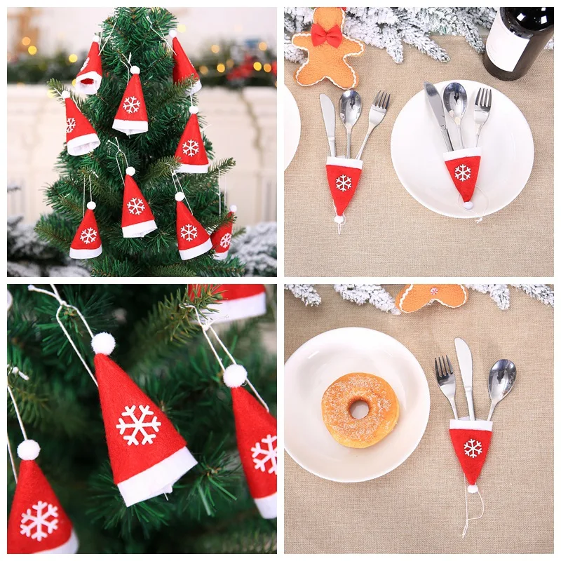 New10PCS Mini Santa Hat With Rope Christmas Silverware Holder Pockets Wine Bottle Cap Topper Candy Cover Party Decor Crafts