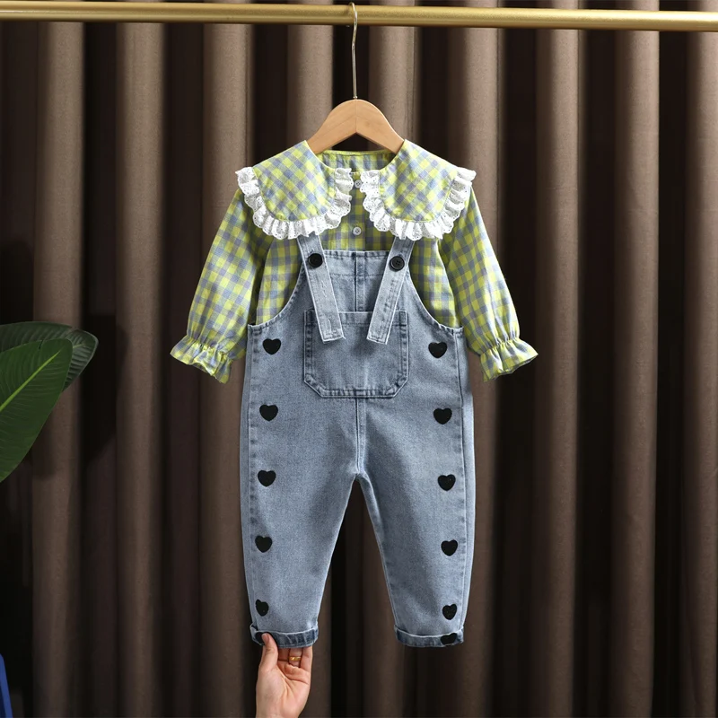

2 3 5 6 year baby's birthday girl's clothes outfit sets plaid shirt love denim overalls suit for toddler girl baby clothing sets