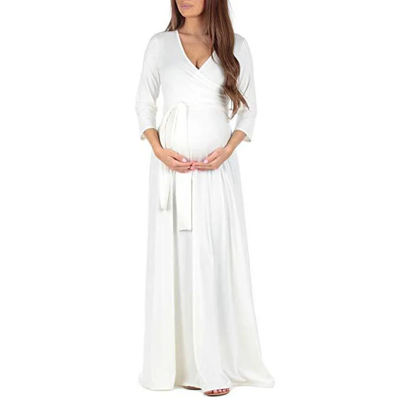 Платья с пышной юбкой для беременных, Одежда для беременных, платье с длинным поясом, однотонное платье с v-образным вырезом для беременных, Vestido, одежда для мам - Цвет: Белый