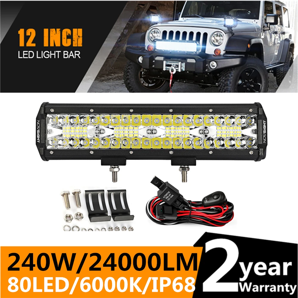 

12Inch 30cm 240W 6000K Flood Spot Combo Work 80 LED Bar 24000LM Driving Boat Led Off Road Trucks 10ft Wire D40