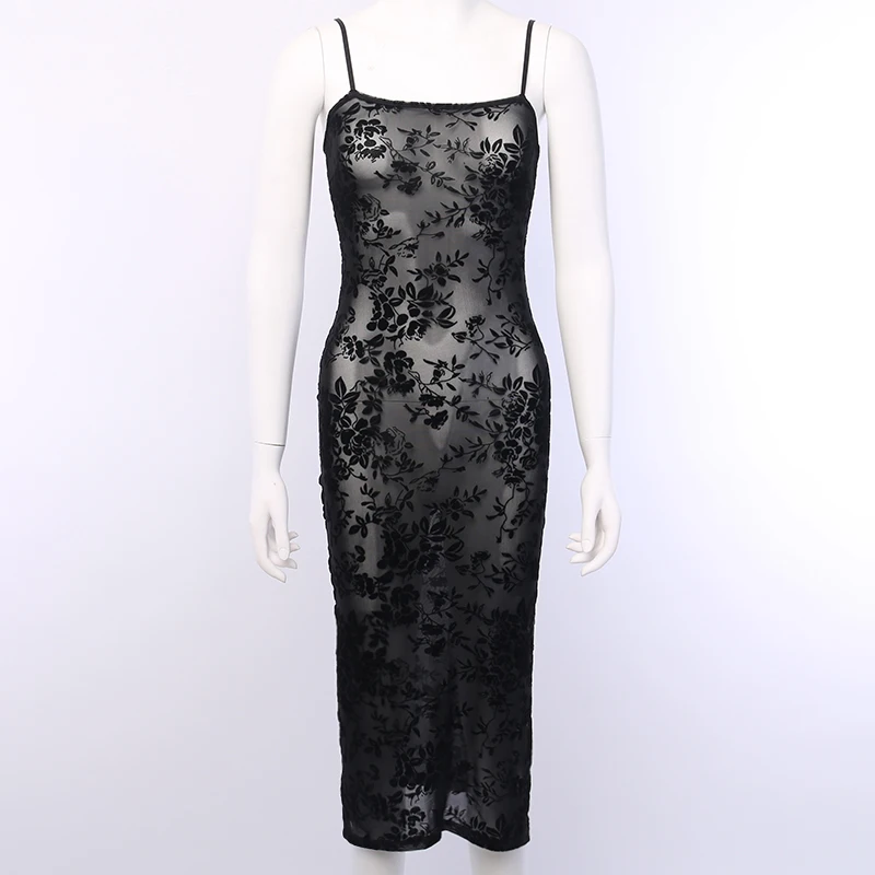 WannaThis Knee Mesh Dresses Black Sexy See-through Spaghetti Strap Sleeveless Flower Print Slash Neck Clubwear Party Long Dress - Цвет: Black