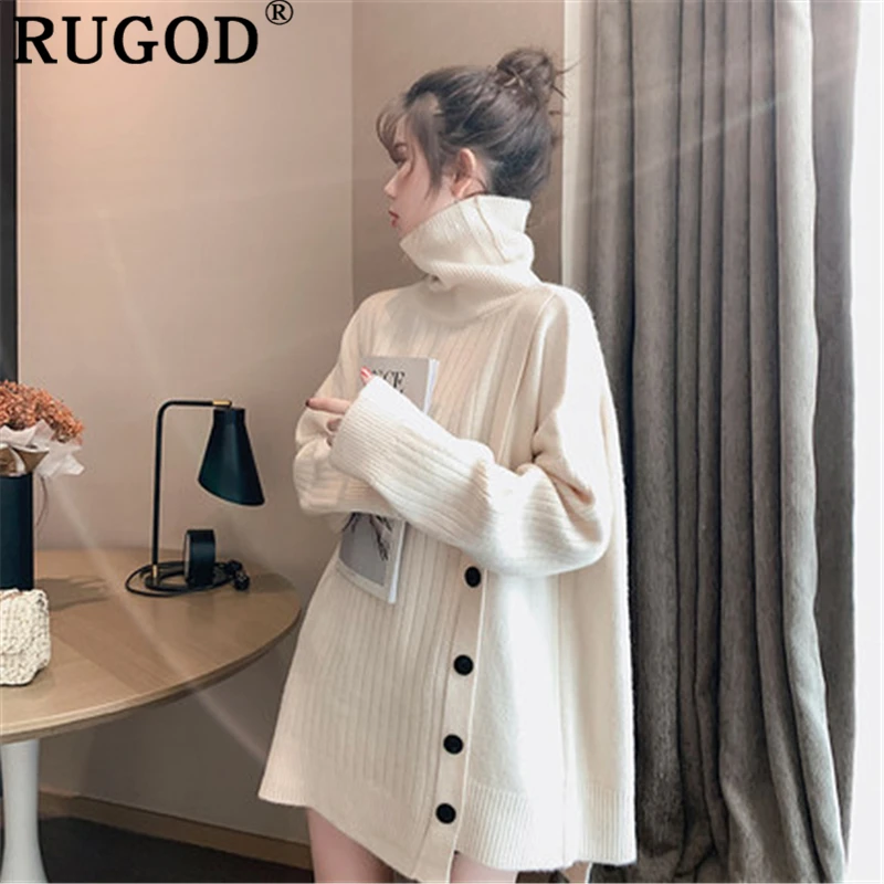 RUGOD, элегантный Однотонный женский свитер, модный, на пуговицах, утолщенный, зимний, теплый, вязанный, пуловер, женский,, Повседневный, свободный, водолазка, свитера