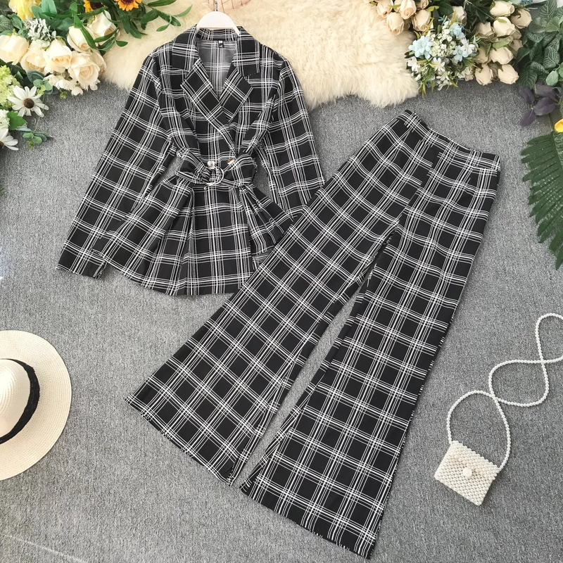 Neploe Temperament Office Work Style 2 Pcs Women Set Slim Waist Plaid Irregular Blazer+ High Waist Hip Horn Trousers Autumn47334