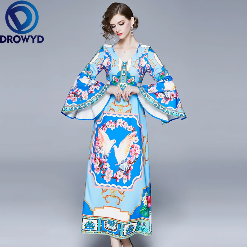 DROWYD Snordic Blue Print A-line Maxi Dress Casual Women Fashion Girl Boho Ruffle Sleeve V-neck Dresses 2019 Queen New Vestidos | Женская