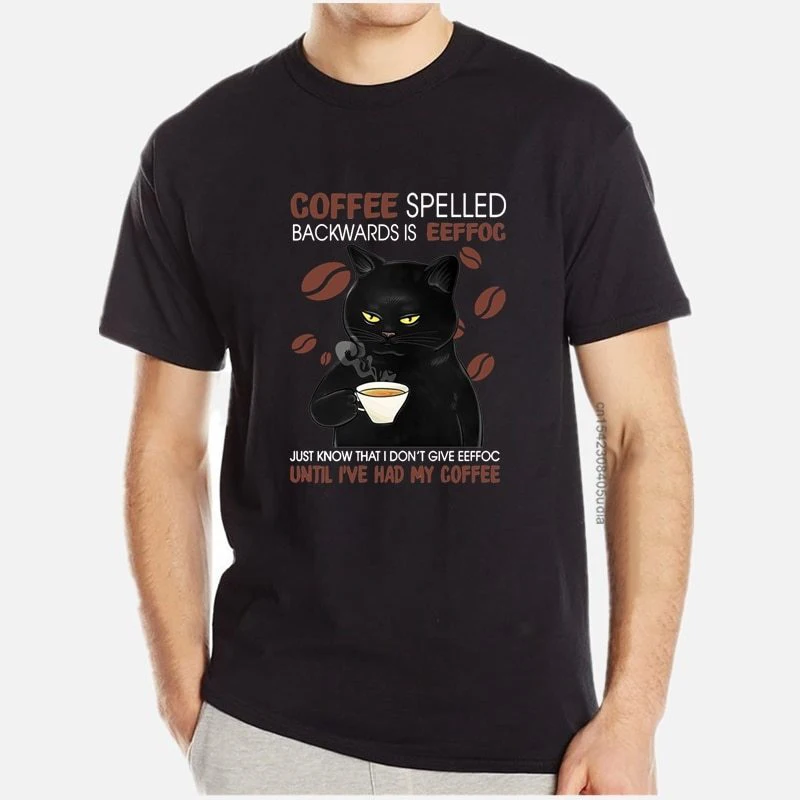 

Cotton Black Cat Coffee Tshirts Men Spelled Backwards Is Eeffoc Funny Cat Coffee Lover Gifs Vintage Men's Short Sleeve T-Shirt