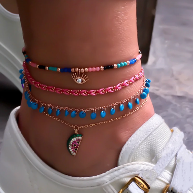 Docona Boho 4pcs/sets Colorful Beaded Anklets Summer Watermelon Eyes Pendant Rope Feet Bracelets Women Accessories 8369 Docona Boho 4pcs/sets Colorful Beaded Anklets Summer Watermelon Eyes Pendant Rope Feet Bracelets Women Accessories 8369