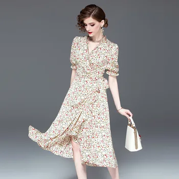 

D901066 Women's Wear French Elegant 2019 Female V Collar Auricularia Auricularia Short Sleeve Floral Dress