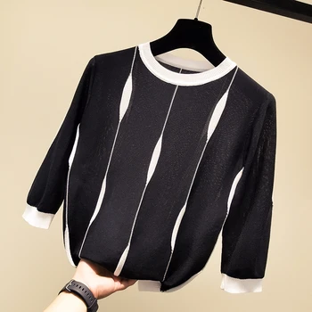 

patchwork striped knitted sweater women slim thin tops Korean half sleeve modis Pullover 2019 autumn o-neck sweaters