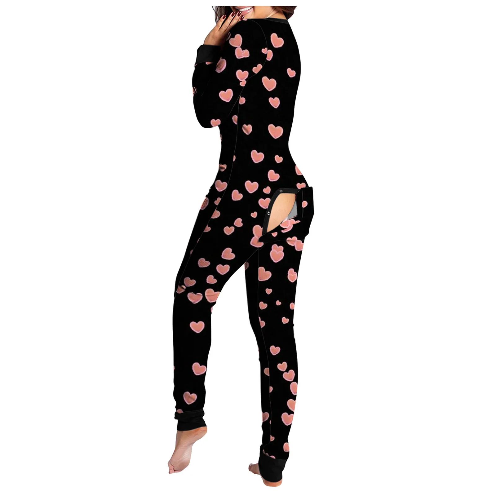 Sexy Pyjama Women's Jumpsuit women jumpsuit women bodysuit sleep wear set Suit Onesies Button-down Back Butt Bum Open Ass Flap Jumpsuit Heart Print Loungewear Bodysuit