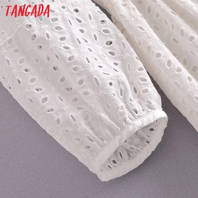 Tangada 2021 Summer Women White Embroidery Romantic Dress V Neck Short Sleeve Ladies Midi Dress Vestidos  3H184 3