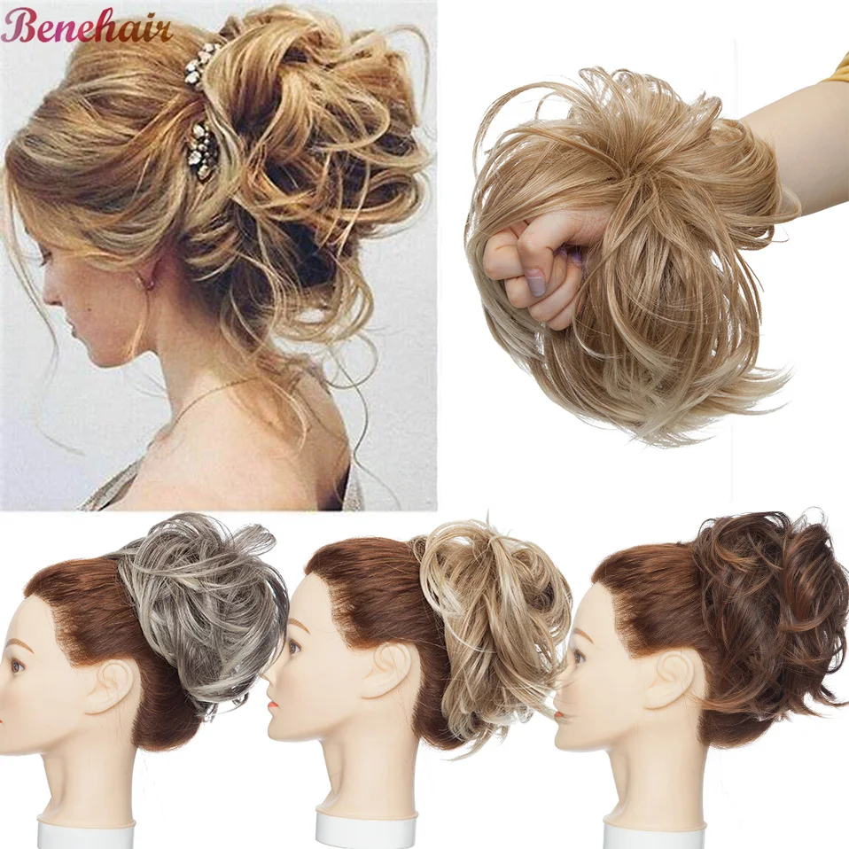 BENEHAIR Messy Bun Scrunchy Bun Cabelo Falso Cabelo Sintético Mulheres Postiços Chignon Elastic Faixa de Cabelo Para WomenUpdo Rosquinha Chignon