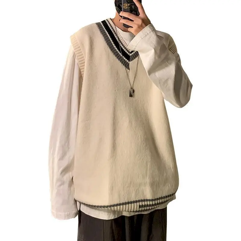 Men Sweater Vest Patchwork Simple Panelled Sleeveless Knit Sweaters Male Loose V-neck All-match Korean Preppy Style Streetwear men sweaters