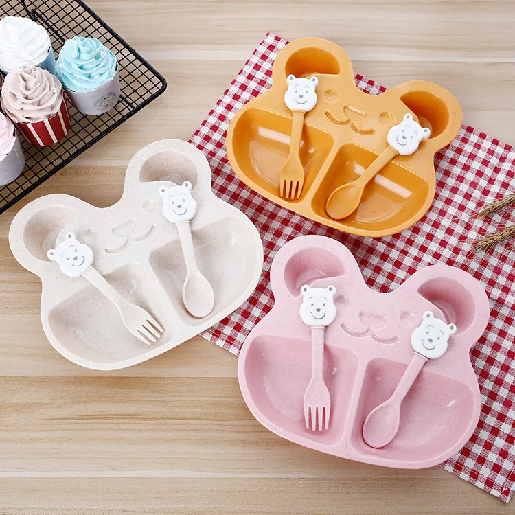 3Pcs Set  Cartoon Beer Kids Wheat Plates Dinner Bowl  Baby Feeding Food Tableware Solid Toddle Children Training Dinnerware