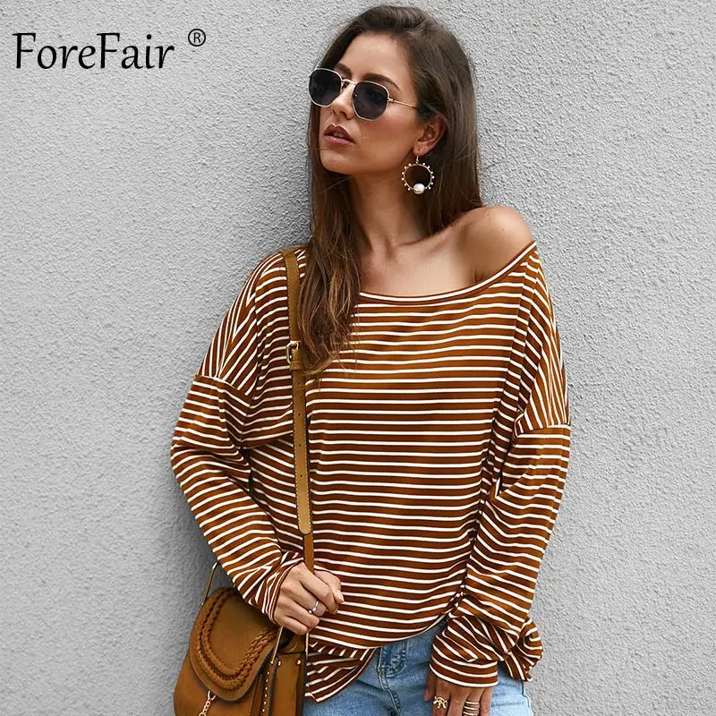 Forefair футболка в полоску для женщин осенний топ с открытыми плечами повседневные свободные размера плюс круглый вырез хаки серый черный длинный рукав рубашки - Цвет: Khaki T Shirt