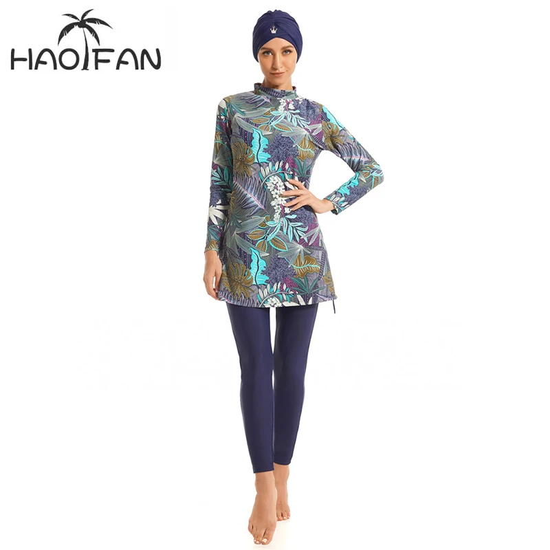 

HAOFAN 2019 Muslim Swimwear Women Modest Patchwork Full Cover Long Sleeve Swimsuit Islamic Hijab Islam Burkinis Wear Bathing