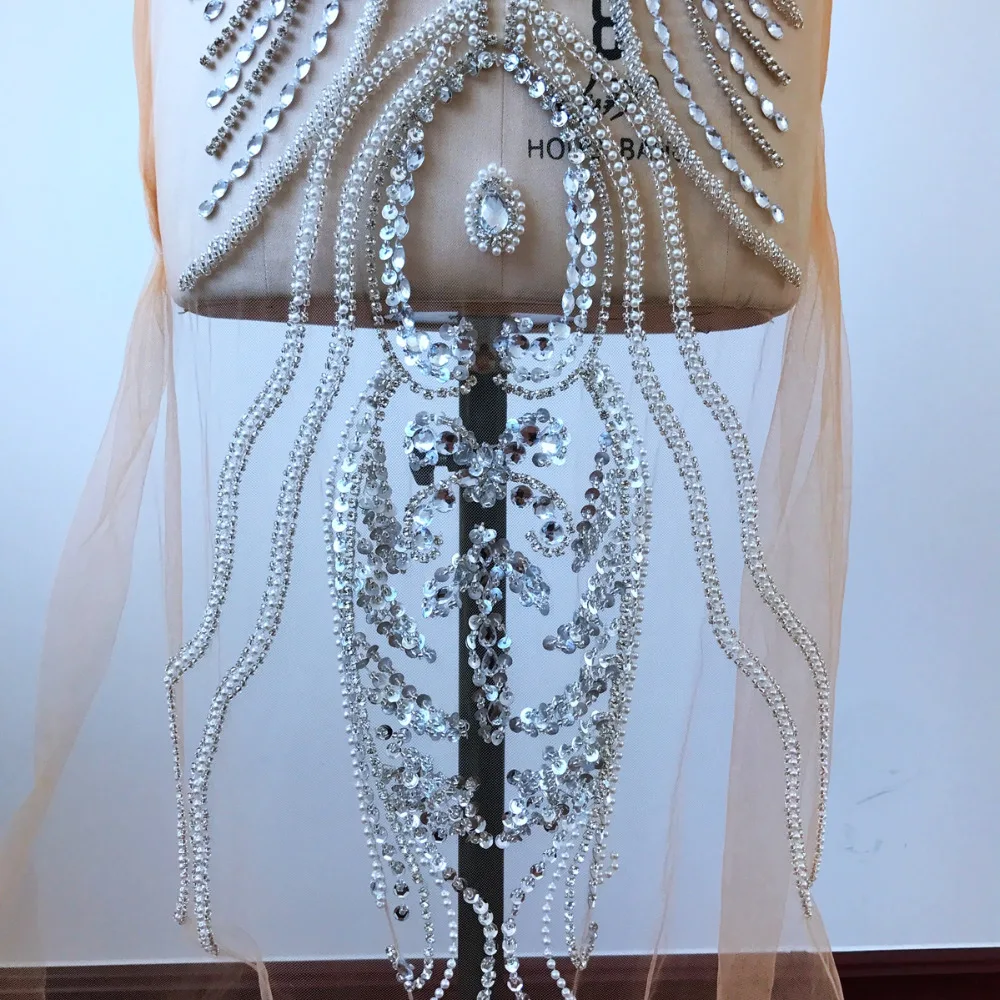 Ручной работы большой стразы аппликация пришить на серебристый акриловый украшения из кристаллов патчи полное тело для свадебного платья
