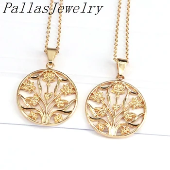 

6Pcs Gold Color Flower Round Pendants Fashion Jewelry Necklaces For Women