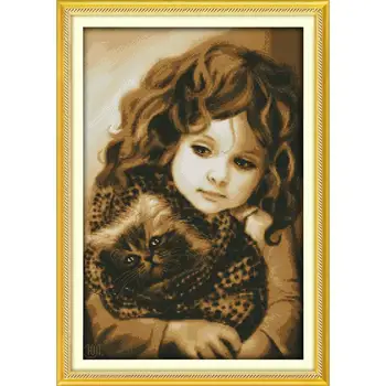 

Joy Sunday Girl for Cats Chinese Counted Cross-stitch Patterns DMC 14CT Cross Stitch Embroidery Needlework DIY Kits Home Decor