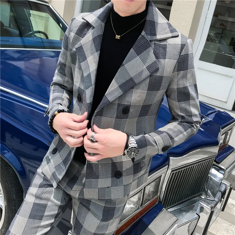 2019 autumn double-breasted men's plaid suit 2-piece suit (blazer + suit pants) men's fashion casual Slim large size plaid suits