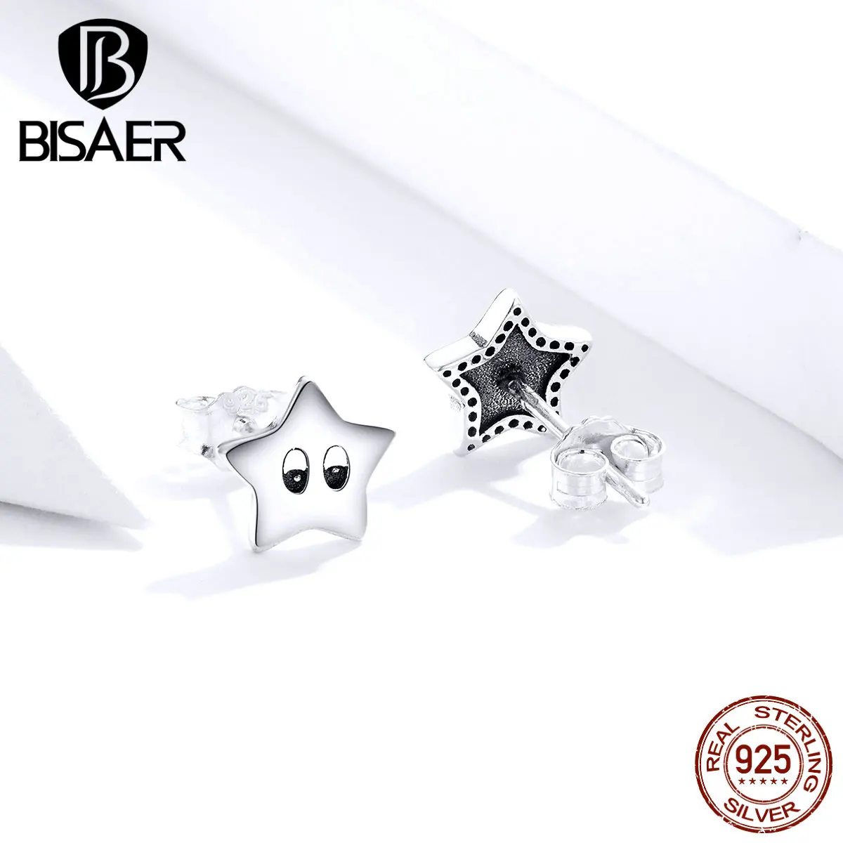 Маленькие серьги со звездами, BISAER,, 925 пробы, серебряные, милые, со звездой, изысканные серьги-гвоздики для девочек, модное ювелирное изделие ECE796