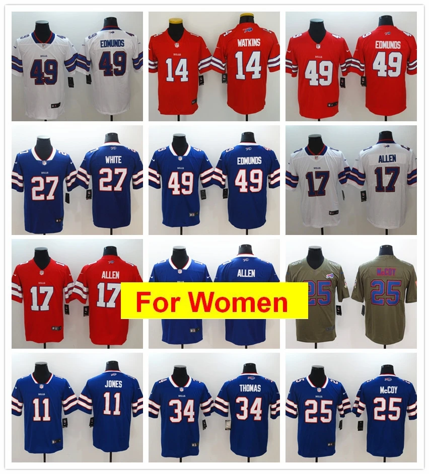 Женские майки Buffalo Tre'Davious White Tremaine Edmunds Josh Allen LeSean McCoy Jim Kelly Game color Rush