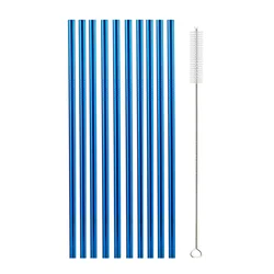 10-Piece Reusable Stainless Steel Straw Set with Cleaning Brush (Blue Straight)