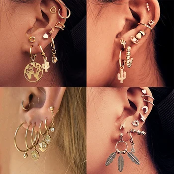 

Vintage Mixed Metal Drop Dangle Earrings Set For Women Female Gold Crystal Moon Star Map Cross Small Cuff Clip Fashion Jewelry