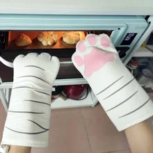 Oven Mitts Kitchen-Gloves Microwave Heat-Resistant Long Cartoon Cotton Cat-Paws Non-Slip