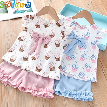 

Sodawn Girls Clothing Set 2020 Korean Summer New Ice Cream Bow Top T-shirt+Pants Kids Suit Toddler Baby Children's Clothes