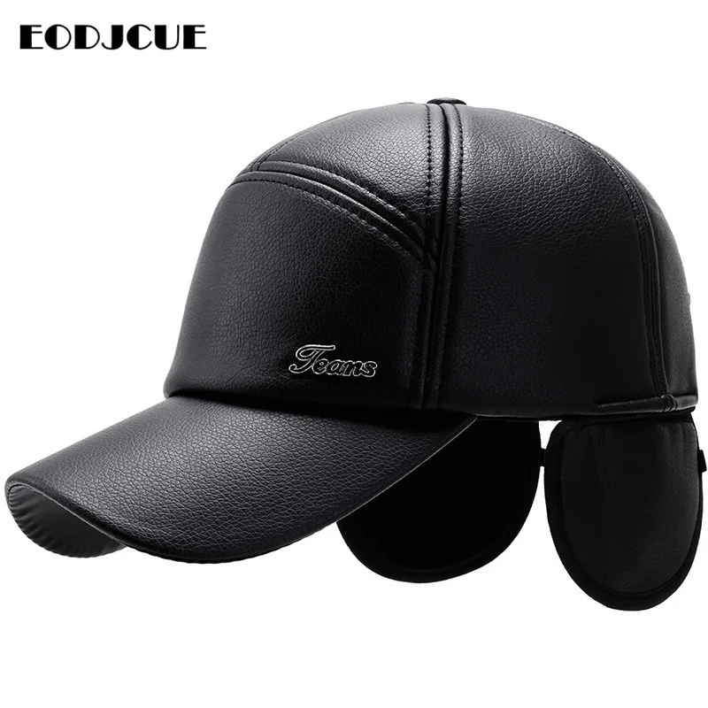 Зимняя мужская шапка из искусственной кожи, бейсболка для мужчин, теплые шапки, Snapback, шапка для папы, регулируемые шапки с защитой ушей Gorras