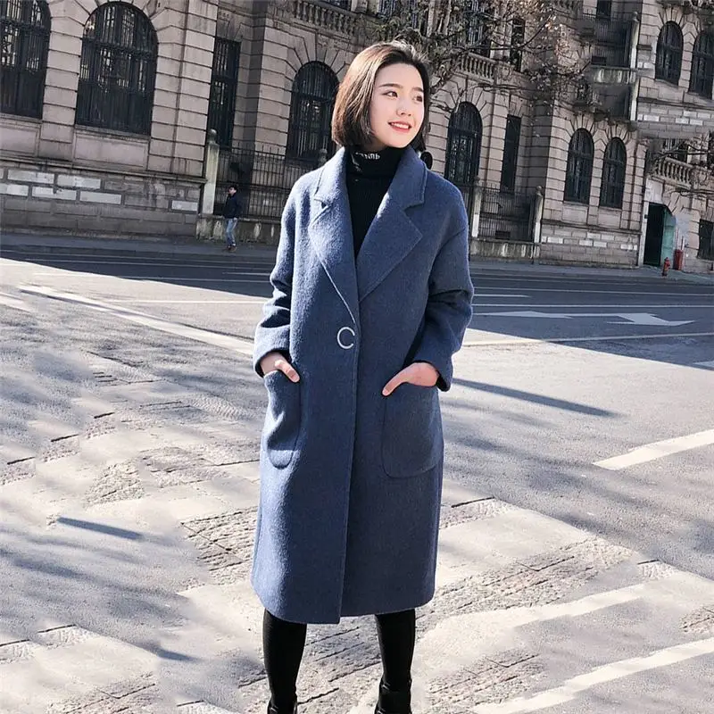 Женская зимняя Новинка, модное свободное кашемировое пальто большого размера, Женская Повседневная теплая плотная Длинная шерстяная Верхняя одежда с большими карманами, B39 - Цвет: b lu