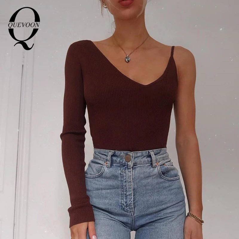 

QUEVOON Designed V-Neck Cropped Tee Sexy Strap And Long Sleeve Female 's Knitted Fashion T-Shirt Autumn Winter Women Tops 2020