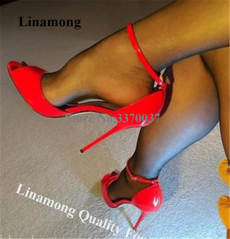 

Linamong Brand Peep Toe Patent Leather Stiletto Heel Pumps Red Grey Pink Yellow Sexy Ankle Strap High Heels Big Size Dress Heels