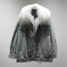 Джинсовая куртка с бриллиантами, зимнее пальто, женская мода, пуховик с подкладкой, верхняя одежда с большим натуральным монгольским воротником из овечьей шерсти