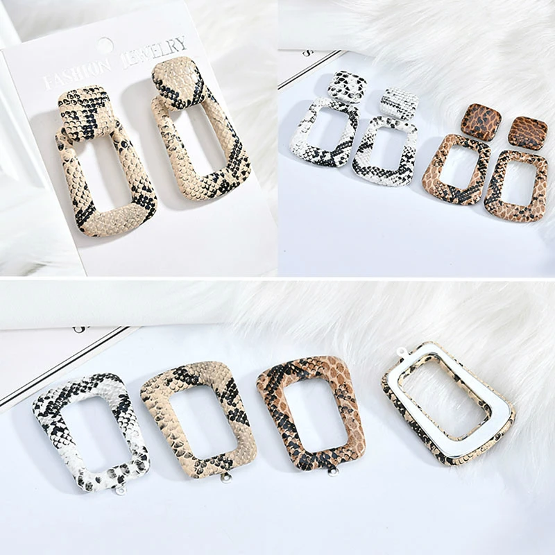 Pu wrapped cloth button imitation animal skin leopard snake trapezoid Ear Studs Earrings DIY accessories | Украшения и аксессуары