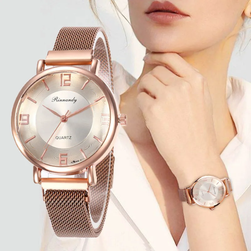 WJ-8568, простые женские часы с ремешком из нержавеющей стали, с магнитной пряжкой, повседневные сетчатые часы, кварцевые часы, браслет из розового золота, наручные часы