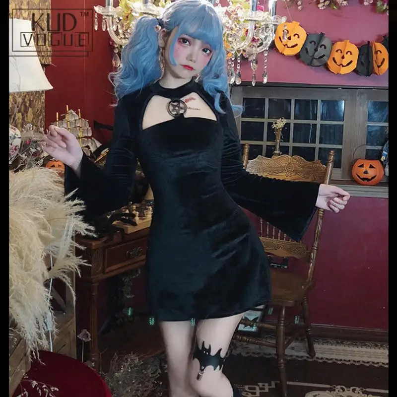 

Gothic Black Winter Dress Punk Women Sexy Halloween Dress Chic Pentagram Midi Club Party Dress Female Long-Sleeve Retro Costume