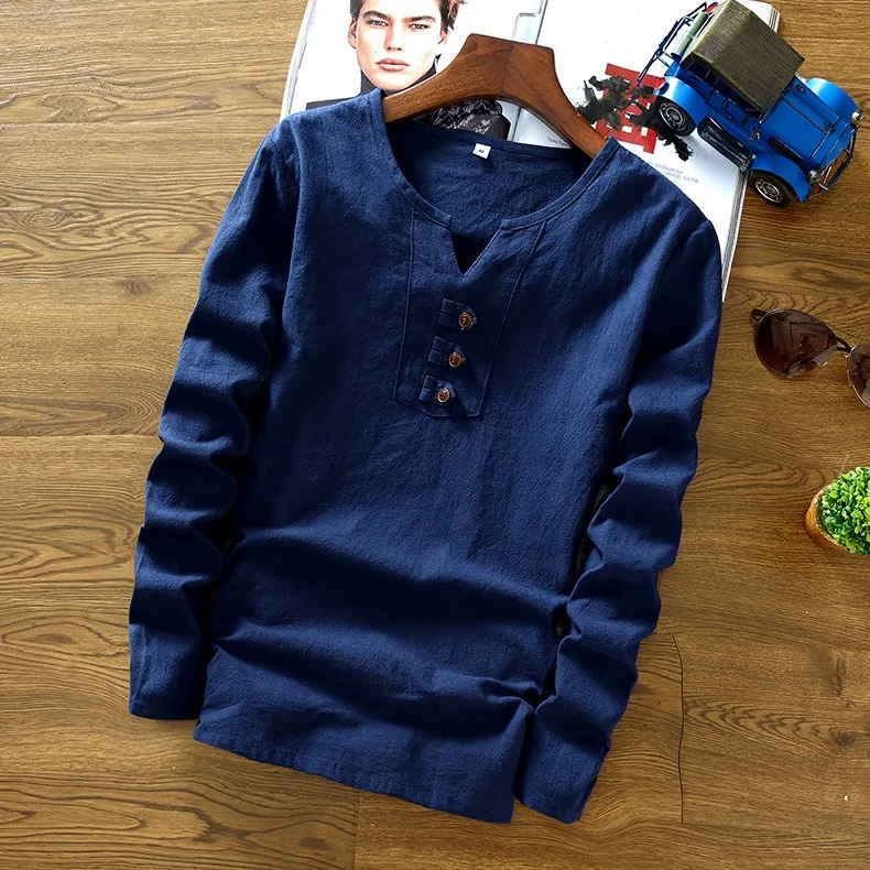 navy-3 button Мужские льняные хлопковые рубашки с длинным рукавом размера плюс 5XL осень зима v-образный вырез над размером нижнее белье китайский стиль черный хаки топы тройники - Цвет: navy-3 button