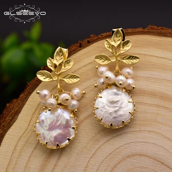

GLSEEVO Natural Fresh Water Baroque Pearl Earrings For Women Plant Leaves Dangle Earrings Luxury Handmade Fine Jewellery GE0308