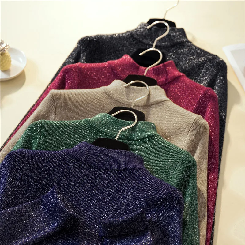 

Autumn Women Pullover knitted Gold silver line shiny sweater 2019 Winter turtleneck Sweaters female Oversize Pullovers women