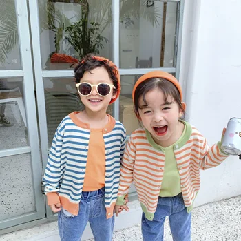 

WLG Girls Boys Striped Sweaters Kids Spring Autumn Blue Orange Yellow Green O-neck Long Sleeve Sweater Baby Casual Clothes